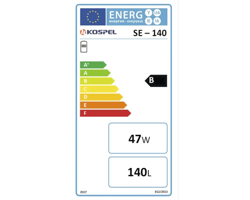 Energielabel mit Kospel Logo für SE - 140 Warmwasserspeicher, Energieeffizienzklasse B, 47 Watt Verlustleistung, 140 Liter Kapazität.
