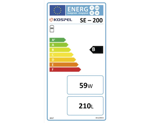 Energielabel für Kospel SE-200, Energieeffizienzklasse B, 59 Watt, 210 Liter.