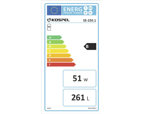 Europäisches Energielabel für Kospel SE-250.1, Energieeffizienzklasse B, 51 Watt Warmhalteverlust, 261 Liter Speichervolumen.