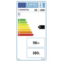 EU Energielabel für Kospel SE-400. Energieeffizienzklasse C, Warmhalteverlust 98 Watt, Speichervolumen 380 Liter.