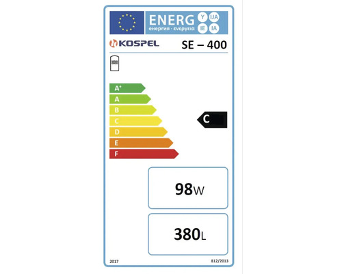 EU Energielabel für Kospel SE-400. Energieeffizienzklasse C, Warmhalteverlust 98 Watt, Speichervolumen 380 Liter.