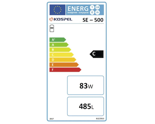 Europäisches Energielabel für Kospel SE-500, Energieeffizienzklasse C, Warmhalteverlust 83 Watt, Speichervolumen 485 Liter.