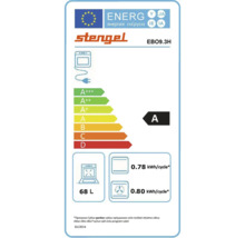 EU Energieeffizienzlabel für Stengel Einbaubackofen EBO9.3H, Klasse A, Energieverbrauch 0,78 kWh und 0,80 kWh, 68 Liter Garraumvolumen.