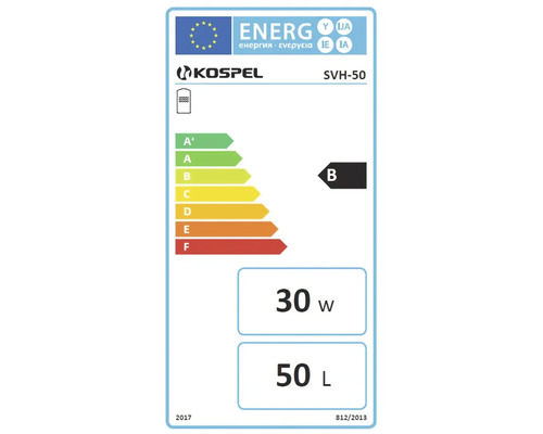 EU-Energielabel für Kospel SVH-50 Warmwasserspeicher mit Energieeffizienzklasse B, Warmhalteverlust 30 Watt und Speichervolumen 50 Liter.