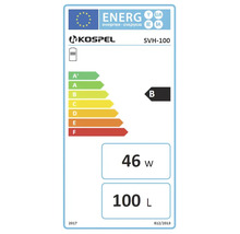 Kospel Logo, Europäisches Energielabel für Warmwasserspeicher SVH-100, Energieeffizienzklasse B, 46 Watt, 100 Liter.