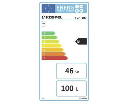 Kospel Logo, Europäisches Energielabel für Warmwasserspeicher SVH-100, Energieeffizienzklasse B, 46 Watt, 100 Liter.