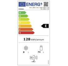 EU Energielabel für Stengel Kühlschränke, Energieklasse E, 128 Kilowattstunden pro Jahr, 74 Liter Kühlvolumen, 8 Liter Gefriervolumen, 41 Dezibel.