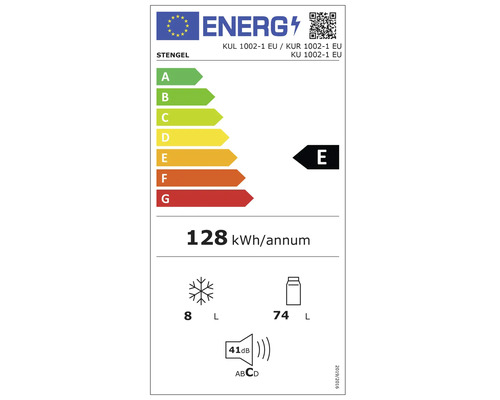 EU Energielabel für Stengel Kühlschränke, Energieklasse E, 128 Kilowattstunden pro Jahr, 74 Liter Kühlvolumen, 8 Liter Gefriervolumen, 41 Dezibel.