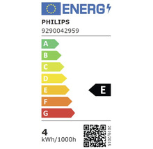 Philips europäisches Energielabel für Leuchtmittel 9290042959, Energieeffizienzklasse E, 4 Kilowattstunden pro 1000 Stunden.