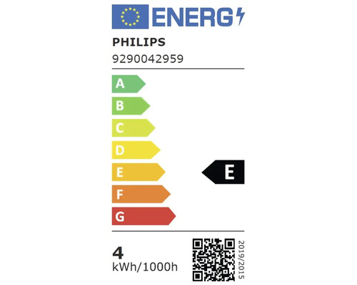 Philips europäisches Energielabel für Leuchtmittel 9290042959, Energieeffizienzklasse E, 4 Kilowattstunden pro 1000 Stunden.