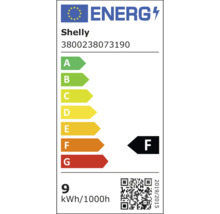 EU Energielabel für Shelly 3800238073190, Energieeffizienzklasse F, 9 Kilowattstunden pro 1000 Stunden.