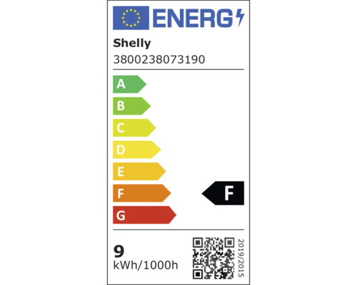 EU Energielabel für Shelly 3800238073190, Energieeffizienzklasse F, 9 Kilowattstunden pro 1000 Stunden.