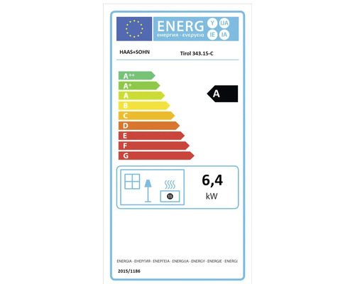 EU-Energielabel Haas+Sohn Tirol 343.15-C, Energieeffizienzklasse A, Wärmeleistung 6,4 Kilowatt.