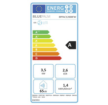 Energielabel Bluepalm BPPAC12000FW Klimaanlage. Energieeffizienzklasse A, Kühlleistung 3,5 Kilowatt, Leistungszahl 2,6, Geräuschpegel 65 Dezibel.