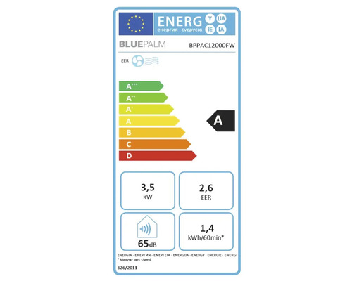 Energielabel Bluepalm BPPAC12000FW Klimaanlage. Energieeffizienzklasse A, Kühlleistung 3,5 Kilowatt, Leistungszahl 2,6, Geräuschpegel 65 Dezibel.