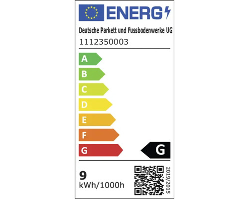 EU Energielabel Klasse G, Deutsche Parkett und Fussbodenwerke UG Modell 1112350003, Energieverbrauch 9 Kilowattstunden pro 1000 Stunden.