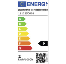 Energielabel der Europäischen Union, Deutsche Parkett und Fussbodenwerke UG, Energieeffizienzklasse F, Verbrauch 2 Kilowattstunden pro 1000 Stunden.