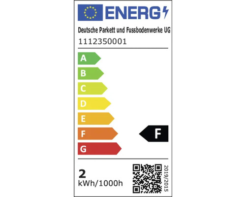 Energielabel der Europäischen Union, Deutsche Parkett und Fussbodenwerke UG, Energieeffizienzklasse F, Verbrauch 2 Kilowattstunden pro 1000 Stunden.
