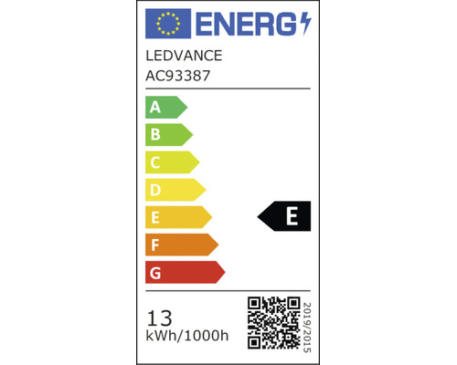 EU-Energielabel für Ledvance AC93387. Energieeffizienzklasse E. Energieverbrauch 13 Kilowattstunden pro 1000 Stunden.
