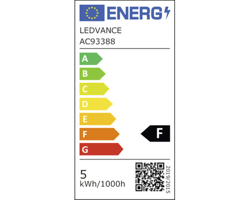 Europäisches Energielabel für LEDVANCE Modell AC93388, Energieeffizienzklasse F, Energieverbrauch 5 Kilowattstunden pro 1000 Stunden.
