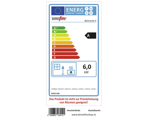 Energieeffizienzlabel fuer Domofire Belmonte II Kaminofen mit Energieeffizienzklasse A und 6,0 Kilowatt Heizleistung.