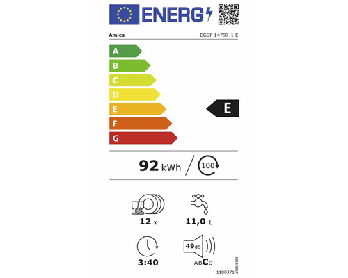EU-Energielabel Amica EGSP 14797-1 E: Klasse E, 92 Kilowattstunden pro 100 Zyklen, 12 Gedecke, 11,0 Liter, 3 Stunden 40 Minuten, 49 Dezibel, Klasse C.