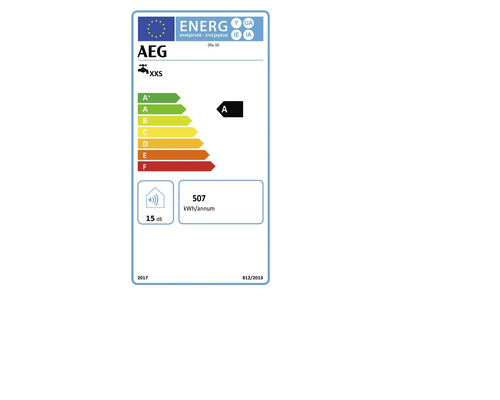 AEG Energielabel für Warmwasserspeicher DKu 10, Energieeffizienzklasse A, Lastprofil XXS, 507 Kilowattstunden pro Jahr, 15 Dezibel.