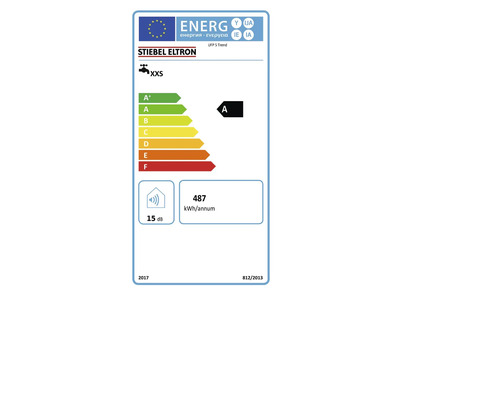 Energieetikett für Stiebel Eltron UFP 5 Trend, Energieeffizienzklasse A, 487 Kilowattstunden pro Jahr, 15 Dezibel, Lastprofil XXS.