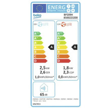 Beko Logo, Europäisches Energielabel für Klimagerät BP209H. Energieeffizienzklasse A für Kühlen und Heizen. Geräuschpegel 65 Dezibel.
