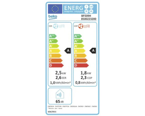 Beko Logo, Europäisches Energielabel für Klimagerät BP209H. Energieeffizienzklasse A für Kühlen und Heizen. Geräuschpegel 65 Dezibel.