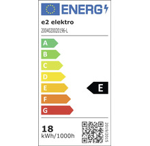 Energielabel der Europäischen Union für e2 elektro 2004020020196-L. Energieeffizienzklasse E. Energieverbrauch 18 Kilowattstunden pro 1000 Stunden.