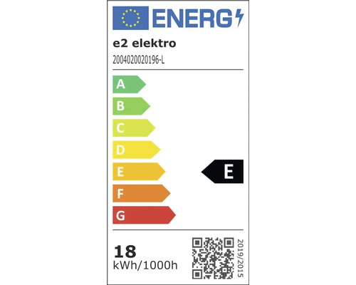 Energielabel der Europäischen Union für e2 elektro 2004020020196-L. Energieeffizienzklasse E. Energieverbrauch 18 Kilowattstunden pro 1000 Stunden.