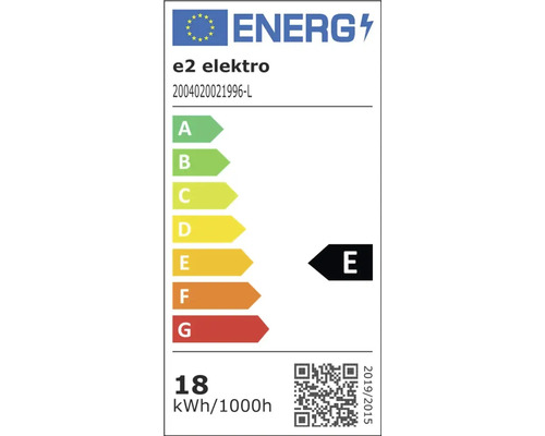 Europäisches Energielabel für e2 elektro 2004020021996-L. Energieeffizienzklasse E auf Skala A bis G. 18 Kilowattstunden pro 1000 Stunden.