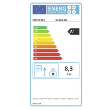 Energielabel der Europäischen Union für Kaminofen K1263-00, Energieeffizienzklasse A plus, Wärmeleistung 8,3 Kilowatt.