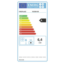 EU-Energielabel für Fireplace Modell R3500-00, Energieeffizienzklasse A, Wärmeleistung 6,4 Kilowatt.