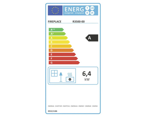 EU-Energielabel für Fireplace Modell R3500-00, Energieeffizienzklasse A, Wärmeleistung 6,4 Kilowatt.
