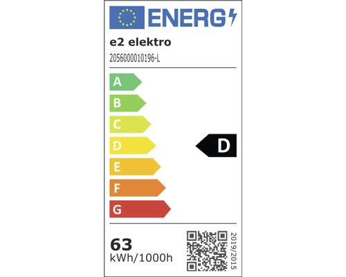EU-Energielabel für e2 elektro Modell 2056000010196-L, Energieeffizienzklasse D, Energieverbrauch 63 Kilowattstunden pro 1000 Stunden.