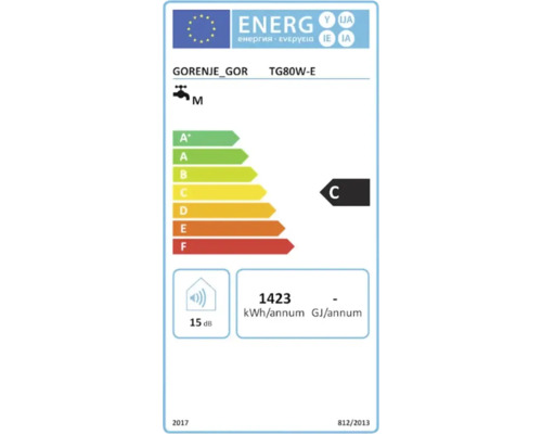 EU-Energielabel für Gorenje TG80W-E, Energieeffizienzklasse C, Lastprofil M, 1423 Kilowattstunden pro Jahr, 15 Dezibel.