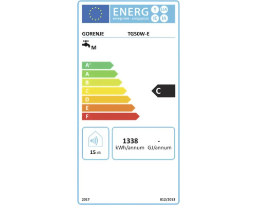 Energielabel für Gorenje TG50W-E, Energieeffizienzklasse C, Lastprofil M, 1338 Kilowattstunden pro Jahr, 15 Dezibel.