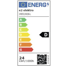 Europäisches Energielabel für e2 elektro, Energieeffizienzklasse D, Energieverbrauch 24 Kilowattstunden pro 1000 Stunden.