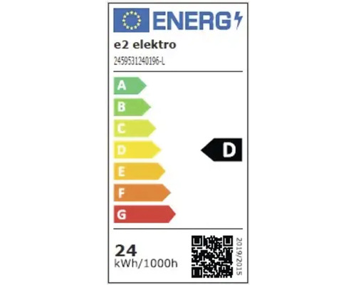 Europäisches Energielabel für e2 elektro, Energieeffizienzklasse D, Energieverbrauch 24 Kilowattstunden pro 1000 Stunden.