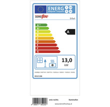 EU Energieeffizienzlabel für Kaminofen Erfurt von Domofire mit Energieeffizienzklasse A und 13,0 Kilowatt Heizleistung.