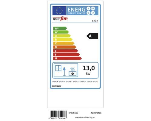 Energieeffizienzlabel Domofire Erfurt Kaminofen mit Energieeffizienzklasse A und 13 Kilowatt Leistung