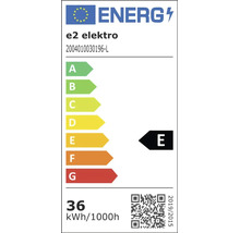EU-Energielabel von e2 elektro. Energieeffizienzklasse E auf einer Skala von A bis G. Energieverbrauch 36 Kilowattstunden pro 1000 Stunden.