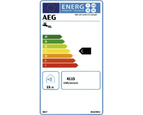 Europäisches Energielabel für AEG Warmwasserspeicher mit Energieeffizienzklasse C, Lastprofil XL, jährlichem Stromverbrauch von 4115 Kilowattstunden.