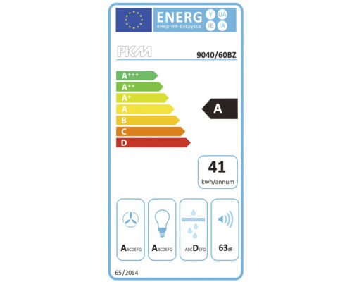 PKM Dunstabzugshaube 9040 60BZ EU Energieeffizienzlabel mit Energieeffizienzklasse A und 41 Kilowattstunden pro Jahr