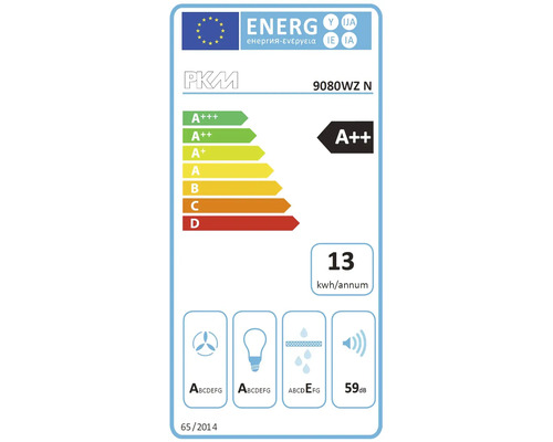 EU Energieeffizienzlabel für PKM 9080WZ N Dunstabzugshaube mit Energieeffizienzklasse A++ und 13 Kilowattstunden pro Jahr.
