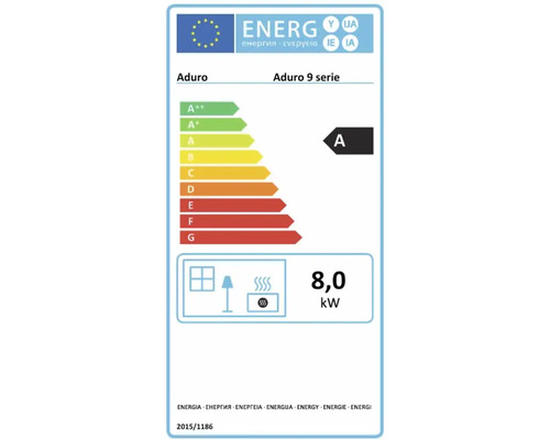 EU Energieeffizienzlabel für Aduro 9 Serie Kaminofen mit Energieeffizienzklasse A und 8,0 Kilowatt Heizleistung.