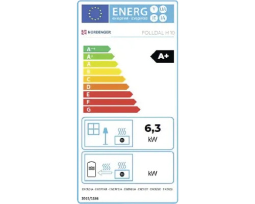 EU Energieeffizienzlabel für Nordpeis Folldal H 10 Kaminofen mit Energieeffizienzklasse A plus und 6,3 Kilowatt Heizleistung.