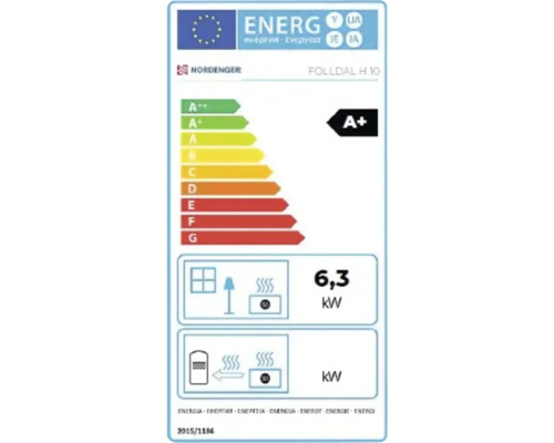 EU Energieeffizienzlabel für Nordengear Folldal H 10 mit Energieeffizienzklasse A plus und einer Heizleistung von 6,3 Kilowatt.